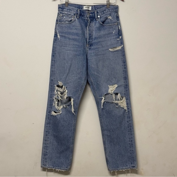 Agolde 90's Mid Rise Loose Fit Jeans Fall Out Destroyed Rigid Denim Button Fly - Picture 1 of 13